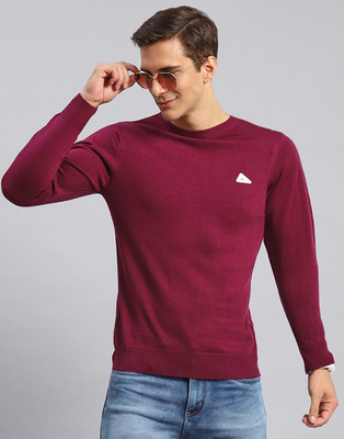 MONTE CARLO Solid Round Neck Casual Men Maroon Sweater