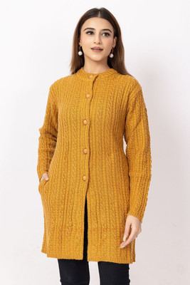 Dodge Self Design Mandarin Neck Casual Women Yellow Sweater
