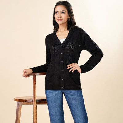 Rangmanch by Pantaloons Self Design V Neck Casual Women Black Sweater