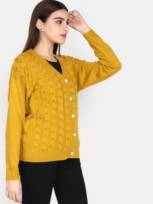 V-MART Self Design V Neck Casual Women Yellow Sweater