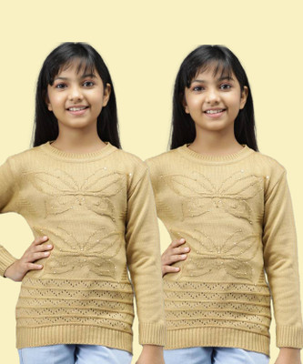 ANIXA Self Design Round Neck Casual Girls Multicolor Sweater