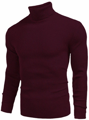HOSUEOFCOMMON Solid High Neck Casual Men Maroon Sweater