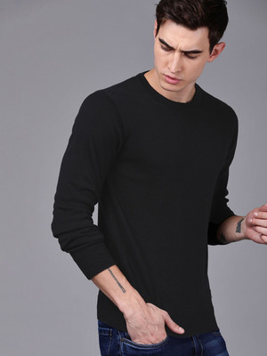 WROGN Solid Round Neck Casual Men Black Sweater