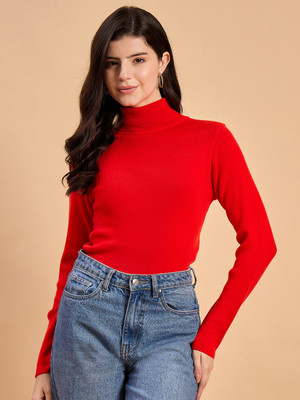 RVK Self Design Turtle Neck Casual Women Red Sweater