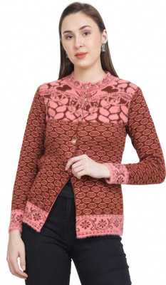 HITTIKA Self Design, Woven Round Neck Casual Women Orange Sweater