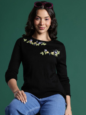 Dressberry Embroidered Round Neck Casual Women Black Sweater