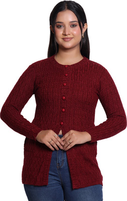 Varenyam Self Design Ruffle Neck Casual Women Maroon Sweater