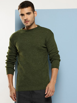 Roadster Self Design Round Neck Casual Men Dark Green Sweater