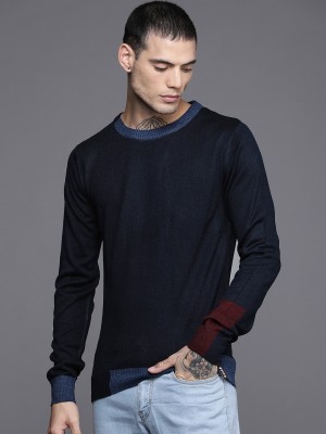 WROGN Solid Round Neck Casual Men Blue Sweater