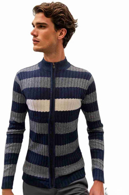 FORWARDS Striped Turtle Neck Casual Men Dark Blue Sweater