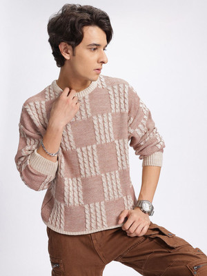 Glitchez Self Design Round Neck Casual Men Brown Sweater