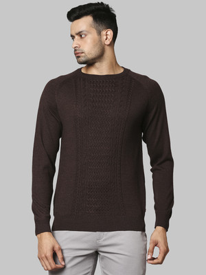 Raymond Self Design Round Neck Casual Men Brown Sweater
