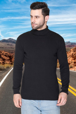 jorden4u Solid, Self Design Turtle Neck Casual Men Black Sweater