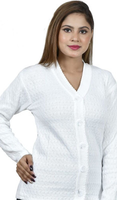 faishonpoint Solid V Neck Casual Women White Sweater