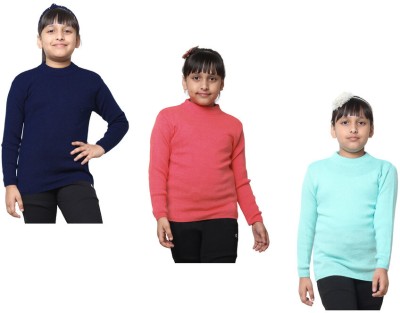 Indistar Solid Round Neck Casual Girls Dark Blue, Orange, Blue Sweater