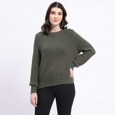 MADAME Self Design Crew Neck Casual Women Green Sweater