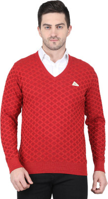 MONTE CARLO Self Design V Neck Casual Men Orange Sweater