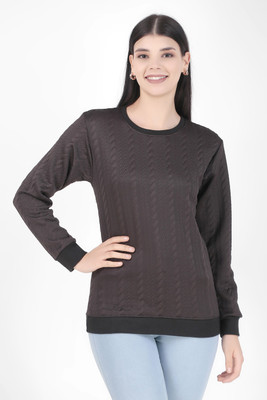 HouseOfCommon Self Design Round Neck Casual Women Black Sweater