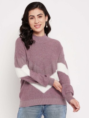 MADAME Striped High Neck Casual Women Purple Sweater