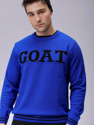 The Indian Garage Co. Self Design Crew Neck Casual Men Blue Sweater