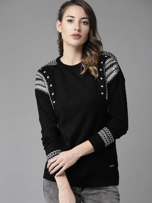 Roadster Printed Round Neck Casual Women Black Sweater