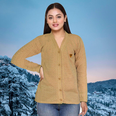 Vhs Fashion Self Design V Neck Party Women Reversible Brown Sweater