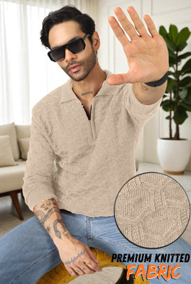 VERTICALS Self Design V Neck Party Men Beige Sweater