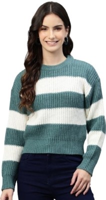 One Femme Colorblock Round Neck Casual Women Green Sweater