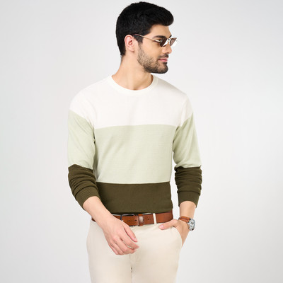 Byford by Pantaloons Solid Round Neck Casual Men Green, White Sweater
