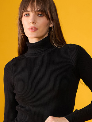 98 Degree North Solid High Neck Casual Women Black Sweater