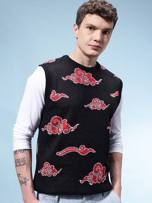 Glitchez Self Design Round Neck Casual Men Black Sweater