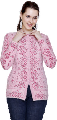 HITTIKA Embroidered Mandarin Neck Casual Women Pink Sweater