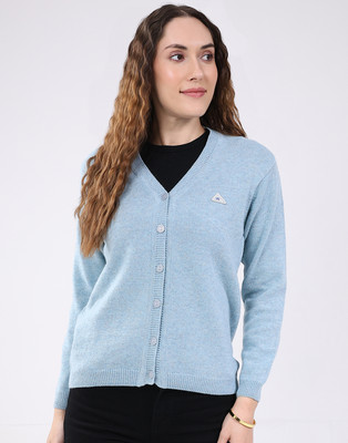 MONTE CARLO Solid V Neck Casual Women Blue Sweater