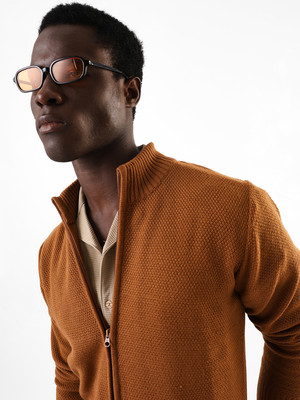 High Star Self Design Collared Neck Casual Men Brown Sweater