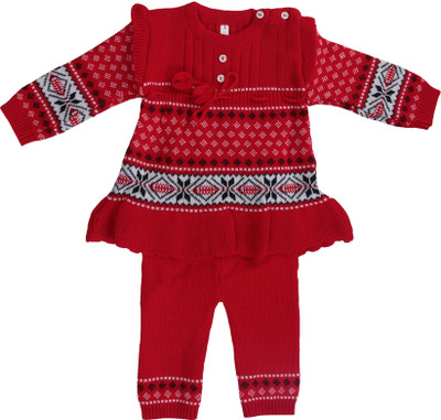 ChicCloset Printed Round Neck Casual Baby Girls Red Sweater