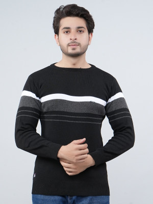 FEVERFEW Self Design Round Neck Casual Men Black Sweater