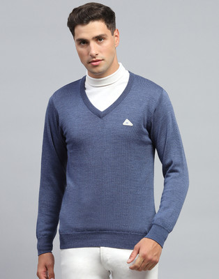 MONTE CARLO Solid V Neck Casual Men Blue Sweater