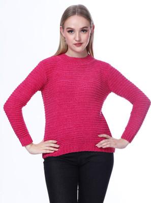 NOQUO Woven Round Neck Casual Women Pink Sweater