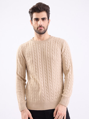 Spykar Solid Round Neck Casual Men Beige Sweater