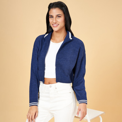 PEOPLE Self Design High Neck Casual Women Blue Sweater