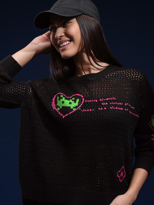 Tokyo Talkies Self Design Round Neck Casual Women Black Sweater
