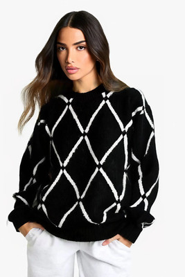 Eddicted Checkered Round Neck Casual Women Black Sweater