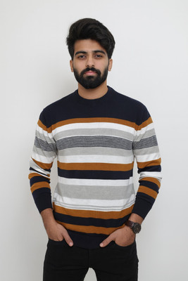knotrixx Self Design Round Neck Casual Men Brown Sweater