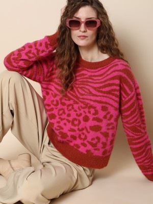 VERO MODA Animal Print Round Neck Casual Women Pink Sweater