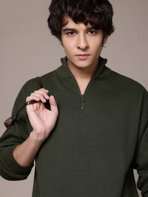Roadster Solid Collared Neck Casual Men Green Sweater