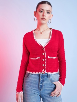 STREET9 Solid V Neck Casual Women Red Sweater