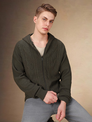 Dennis Lingo Solid Hooded Neck Casual Men Dark Green Sweater