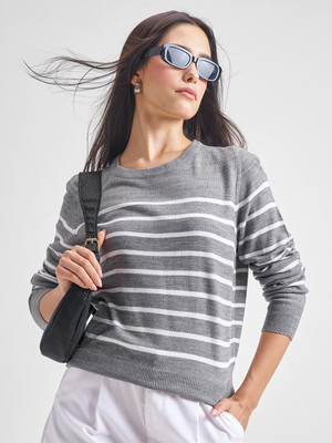 Tokyo Talkies Striped Round Neck Casual Women Grey Sweater