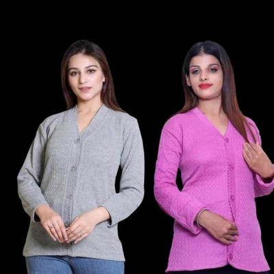 LUXURIOUS DESIGN Solid V Neck Casual Women Grey, Pink Sweater