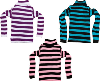 MTI FASHIONS Striped High Neck Casual Baby Girls Multicolor Sweater